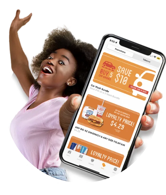 Excited woman holding a phone showing Loop app deals and loyalty prices